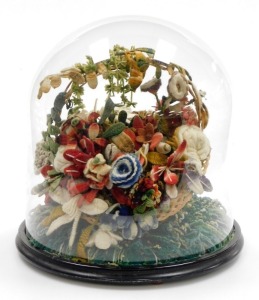 An early 20thC woolwork knitted floral basket, with various pom pom flowers and vines, in a wicker basket on an ebonised base with glass dome, 35cm high. - 2