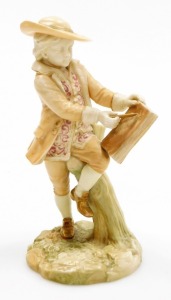 A Royal Worcester blush ivory porcelain figure of a boy, writing in a book and leaning against a tree stump, on a moulded base, stamped to underside, 20cm high.