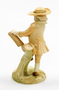A Royal Worcester blush ivory porcelain figure of a boy, writing in a book and leaning against a tree stump, on a moulded base, stamped to underside, 20cm high. - 2