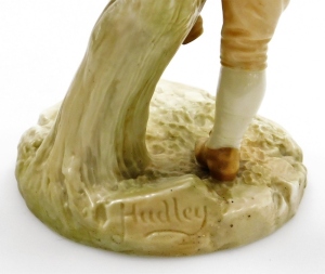 A Royal Worcester blush ivory porcelain figure of a boy, writing in a book and leaning against a tree stump, on a moulded base, stamped to underside, 20cm high. - 3