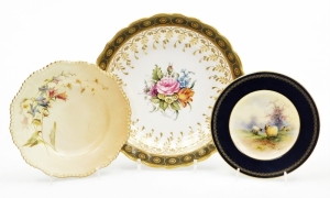 A collection of Royal Worcester porcelain cabinet plates, to include a plate decorated with sheep within a blue and gilt highlighted border, signed E. Barker, printed and impress marks to underside, 15.5cm diameter, a blush ivory plate decorated with flow
