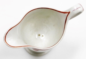 A late 18thC Newhall porcelain helmet shaped cream jug, pattern number 67, with scale border and rose swag design, circa 1780, 10cm high. - 3