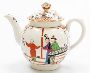 An 18thC first period Worcester porcelain teapot and cover, decorated with Oriental figures on a terrace and with flower finial to the cover, circa 1765-1768, 14cm high. - 2