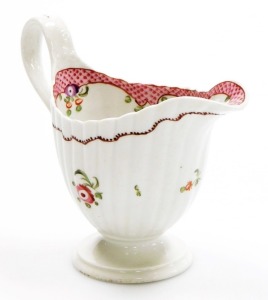 A late 18thC Newhall porcelain fluted cream jug, pattern number 173, with rose band decoration within scale borders, circa 1785, 11.5cm high.