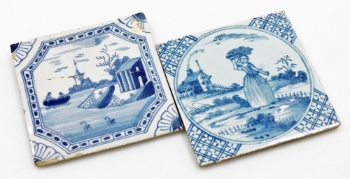 Two English Delft blue and white tiles, an 18thC Liverpool tile depicting ship and lake scene, 12.5cm x 12.5cm, (AF), and a Lambeth Delft plaque with maiden carrying basket, 12.5cm x 12.5cm. (2)