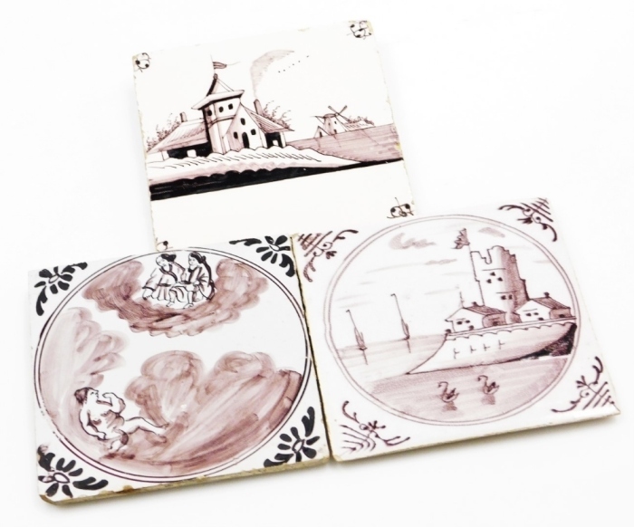 Three 18thC manganese Delft tiles, a Liverpool Delft tile depicting swans c.1760, an 18thC Delft tile of outbuildings and roofs, and a Bristol Delft tile c.1760, depicting three figures, all 12.5cm x 12.5cm. (3)