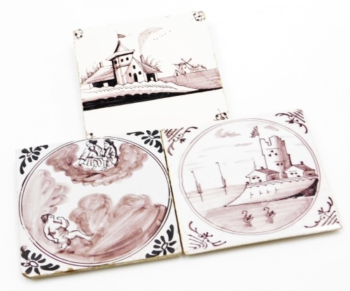 Three 18thC manganese Delft tiles, a Liverpool Delft tile depicting swans c.1760, an 18thC Delft tile of outbuildings and roofs, and a Bristol Delft tile c.1760, depicting three figures, all 12.5cm x 12.5cm. (3)