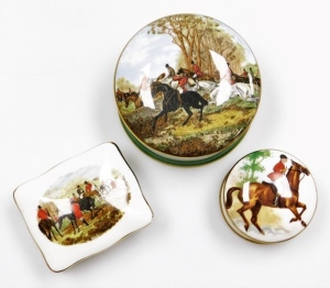 A group of hunting related items, a set of Country Matters coasters, a Crown Staffordshire pin dish, a Present Company pin dish, Hammersley pin dish, fox and fox cub milk jug, and a Coalport Leicestershire plate, limited edition number 98/250. (6) - 2