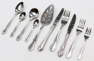 A Richmond stainless steel six piece canteen of cutlery, in mahogany and leather case. - 2