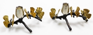 A pair of Michael Aram cast metal candlesticks, each formed as a stylised branch in black finish with gold leaves, 22cm wide, boxed. - 2