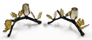A pair of Michael Aram cast metal candlesticks, each formed as a stylised branch in black finish with gold leaves, 22cm wide, boxed. - 3