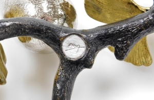 A pair of Michael Aram cast metal candlesticks, each formed as a stylised branch in black finish with gold leaves, 22cm wide, boxed. - 4