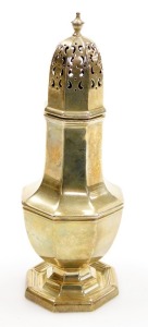 An Edward VII silver sugar castor, with urn shaped finial, pierced sifter and shaped body on a pedestal base, Sheffield 1909, 5&frac34;oz, 21cm high. (AF)