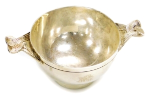 An Edwardian silver loving cup in Celtic style, the inscribed bowl presented to George Anthony Ratcliff Fillingham from his loving Godmother Lady Blake, with presentation gift card, bearing the initials GARF, Chester 1909, with a later matched spoon, Lond - 3
