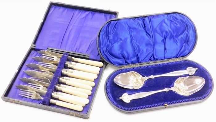 A pair of Art Nouveau silver serving spoons, with decorated bowls in typical Art Nouveau design and shaped handles, in a fitted box, Sheffield 1903, 6&frac14;oz, by Lee & Wigfull (Henry Wigfull), 14cm long, and a set of fish knives and forks with silver plated b
