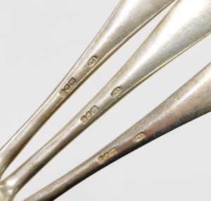 A collection of silver flatware, to include three old English pattern dessert forks with engraved initials, London 1907, various fiddle pattern dessert spoons, etc., 10&frac14;oz. - 3