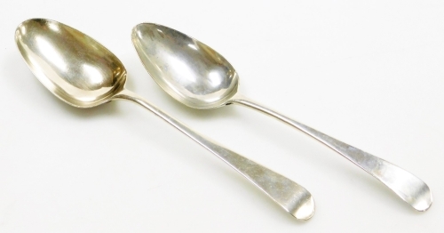 Two George III silver old English pattern serving spoons, London 1779 and 1819, 3&frac14;oz.