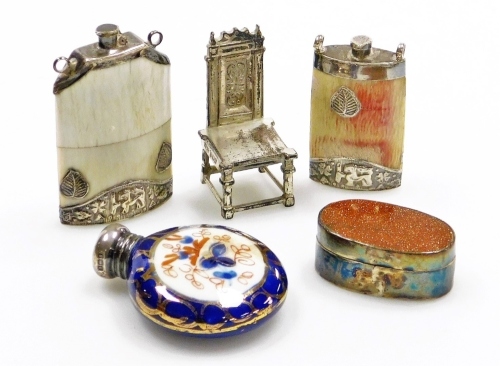A collection of small silver and white metal mounted items, including a miniature silver chair, Birmingham 1939, a porcelain Imari pattern scent bottle with a silver stopper, etc. (a quantity)
