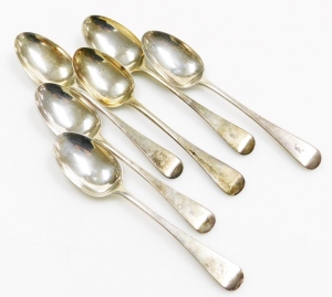 A set of six associated Victorian silver old English pattern teaspoons, with engraved initial to each handle, various makers and dates, 4&frac34;oz.