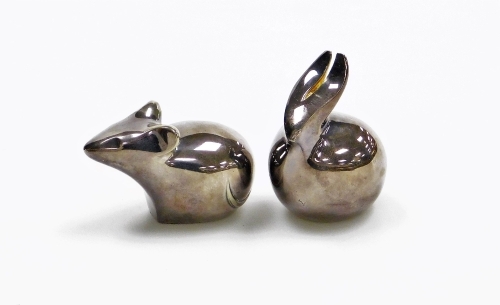 Two 20thC Dansk silver plated animals, mouse and rabbit, marks to underside, 6cm wide and 4cm wide respectively.