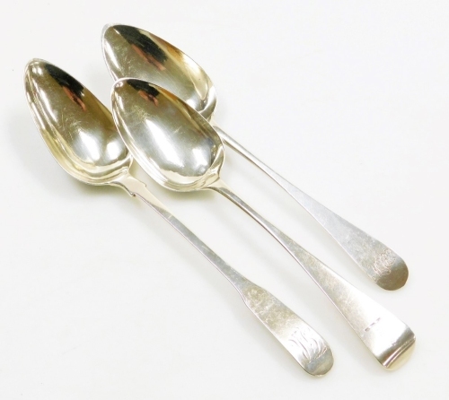 Three Georgian silver serving spoons, one for York 1808, other hallmarks rubbed, 5&frac34;oz.