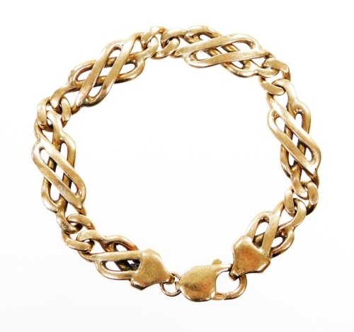 A 9ct gold bracelet, with four woven design links, heavy curb link style, with lobster claw clasp, 21cm long, 37.5g.