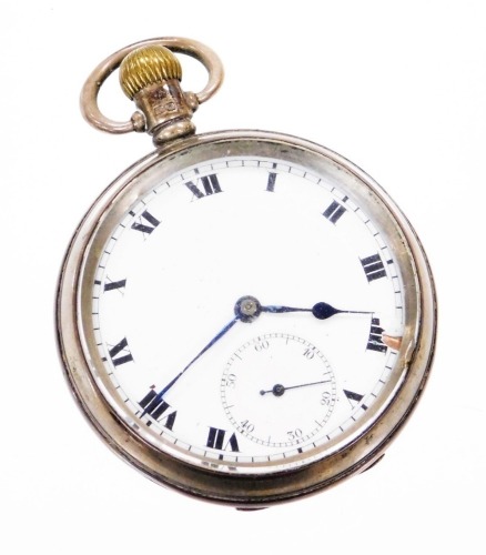 A George V Denco Watch Company silver pocket watch, with white enamel dial, with Roman numeral and seconds dial, with blue hands and bezel wind, numbered 625050, Birmingham 1934, with seventeen jewel movement, 89.6g all in.