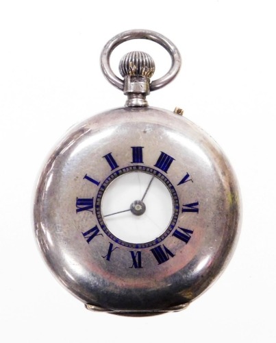 A silver half hunter fob watch, with front outer casing bearing blue Roman numerals, on a white enamel clock face with blue hands, bearing initials to back AJB, bezel wind with seventeen jewel movement, 45.4g all in.