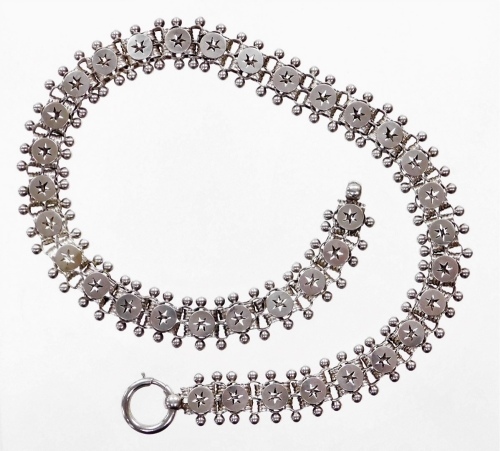 A Victorian silver neck chain, of two row box design, with central joining star decoration, and outer beaded border with single loop clasp, 40cm long, white metal unmarked, 31.9g all in.