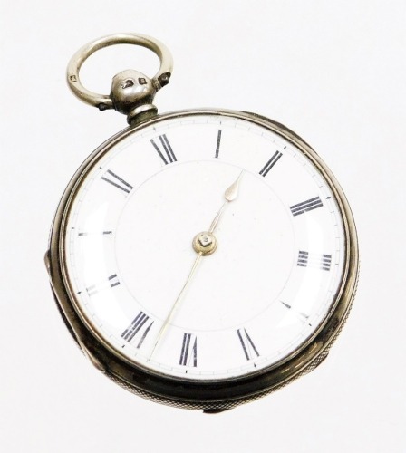 A George V silver pocket watch, with white enamel dial with Roman numerals, and gold coloured handles, in an engine turned outer casing with vacant shield and buckle surround, key wind, marked P.C. Meager, VENTNOR hallmarks rubbed , London 1927,&nbsp; 62.7g al