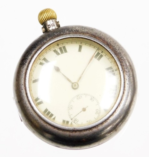 An Edward VIII steel cased silver pocket watch, the pocket watch with white enamel dial with Roman numerals and black handles, with seconds dial, with vacant shield back, Birmingham 1936, bezel wind, 84.1g all in. (AF)