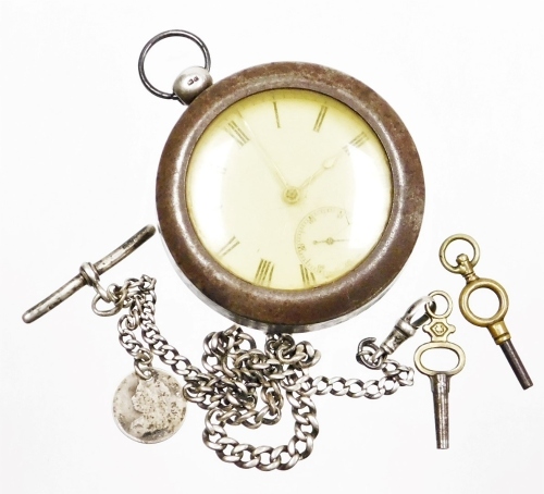 A Victorian silver pocket watch, with white enamel dial, Roman numerals, silver hands and seconds dial, with a rubbed outer casing, numbered to interior 92878, key wind, Chester 1877, in stainless steel case, together with a silver watch chain, 122.2g all
