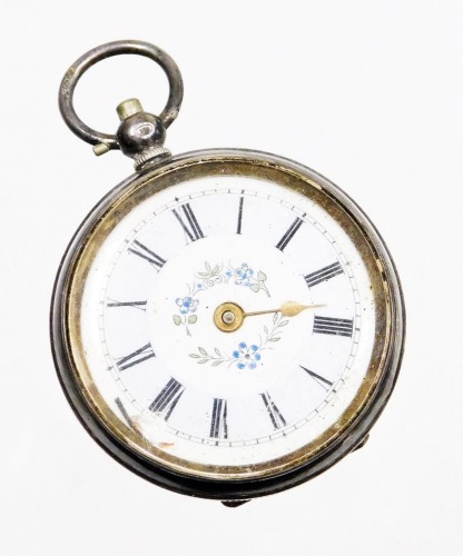 A continental silver fob watch, the white enamel dial with blue outer border with Roman numerals and painting floral central section, lacking hands and outer case, key wind, 32.8g all in. (AF)