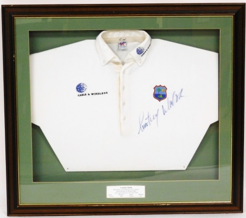 A Courtney Walsh signed cricked t-shirt, framed, bearing plaque The West Indies Gloucestershire CCC, Jamaica World Record Test Wicket Taker Test career Statistics to 30th June 2000, mounted and framed, 83cm x 91cm. Provenance: this piece was purchased by 