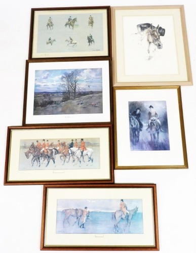 A collection of equine related prints, to include after Lionel Edwards, Returning Home, print, 21.5cm x 56cm, and On The Way To The Meet, after Dennis Aldridge, Exponents Of The Noble Science, 35cm x 52cm, etc. (a quantity)