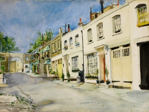 Caroline Eddis (1875-1963). Ecclestone Mews, Belgravia London, watercolour on paper, signed and dated 1956, 33cm x 49cm.
