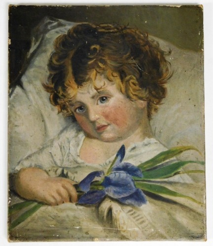 Early 20thC School. Figure of a child holding blue flowers, oil on canvas, 31cm x 25cm, with Alba's Artist Colourama label to reverse, unframed.