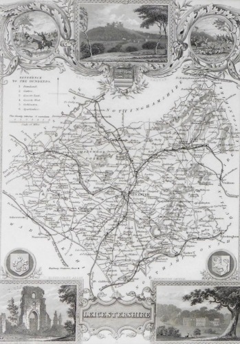 After Thomas Moule. Framed map of Leicestershire, with engraved panels of Belvoir castle, Wolverscroft Abbey and Donnington Castle, in modern frame with Richard Nicholson of Chester Antique Map certificate to back, guaranteeing it to be at least 150 years