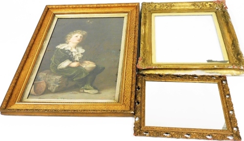 After Millais. Bubbles, print, 70cm x 51cm, a 19thC gilt wood frame, each corner heavily decorated with scrolls, leaves, flowers, shells, etc., 64cm x 56cm, and a similar mirror. (3)