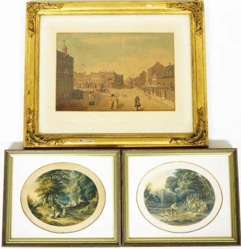 After Cockshaw (18thC British School). Leicester Market Place, print, 20cm x 28cm, in a gilt wood frame, and two Baxter type prints of children playing in rural scenes. (3)
