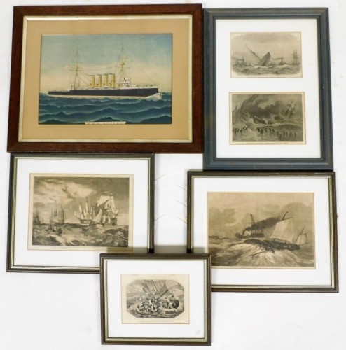 A collection of nautical related engravings, prints, etc., to include Upsetting Of The Gorleston Salvage Lifeboat At Yarmouth, engraving, 23.5cm x 34cm, Wreck Of The Greek War Steamer Bouboulina destroyed by explosion at Liverpool, 16cm x 23.5cm, colour p