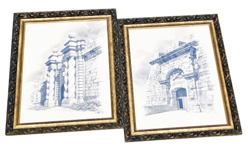 A. Minders. Castle doorways, pen and ink, signed and dated 1998, a pair, 80cm x 63cm.