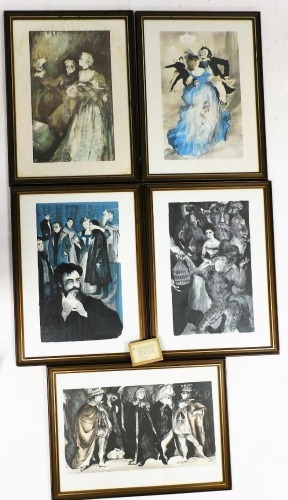 After Charles Mozley (1914-1991). A set of five depictions of scenes from operas presented during Sadler's Wells' last season in their old theatre before moving to the London Coliseum, operas to include The Marriage of Figaro, La Vie Parisienne, Iolanthe,