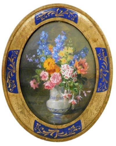 Mable G. Marston. "A Summer Bunch", still life study of mixed flowers in a vase, oil on board, signed, 18cm x 13cm. (oval)