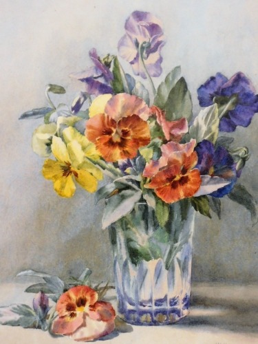 I.M.Charters. Still life study of pansies in a glass vase, watercolour, signed and dated 1893, 34cm x 26cm.