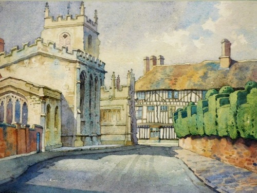 Philip C. Priestley. A View of Stratford, with church and half timber buildings, watercolour, signed, 27.5cm x 38cm.