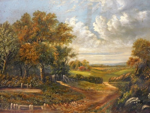 Early 20thC English School. Landscape with cottage in the distance, oil on canvas, 45cm x 60cm.