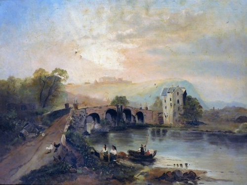 19thC Continental School. Village bridge with figures, etc., oil on canvas, 51cm x 69cm.
