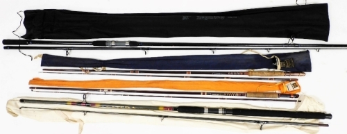 A Dragon carp two piece fishing rod, with bag, 360cm, two fly fishing rods, and a Catera two piece spinning rod 300. (4)