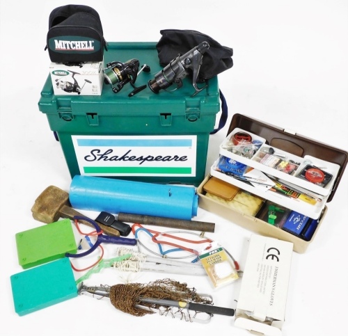 A Shakespeare plastic fishing tackle box seat and tackle, including a Mitchell 300X fixed spool reel, another fixed spool reel, folding landing net, float, tackle box, etc.